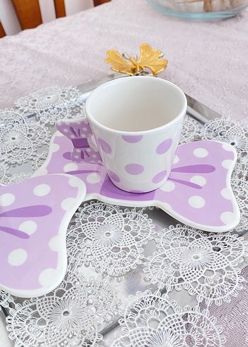 Kütahya Porselen Beyaz ve Pastel Mor Puantiyeli Fincan Seti