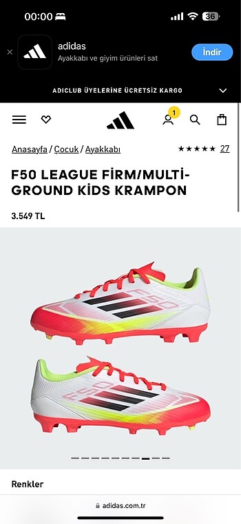 Orijinal Adidas krampon 36 numara