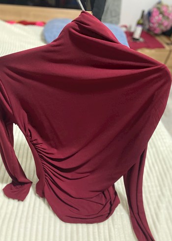Bordo Drapeli Yüksek Yakalı Kadın Bluz - Görsel 2