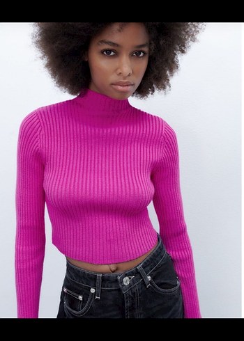 Zara Kadın Pembe Boğazlı Triko Kazak - Görsel 3