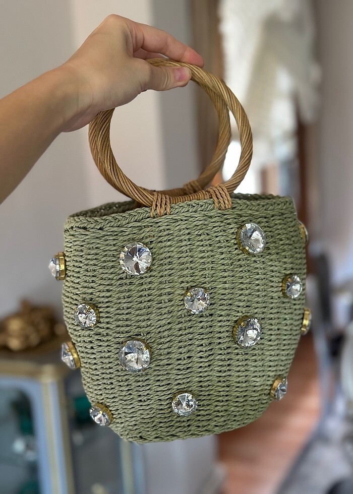 Zara taşlı hasır çanta - Görsel 3