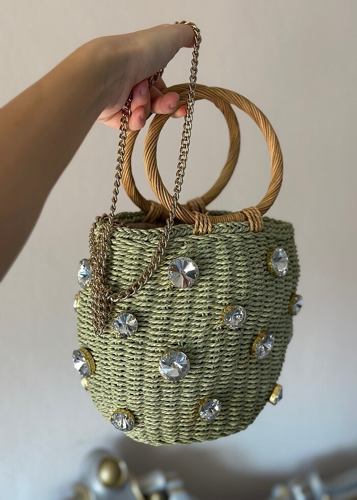 Zara taşlı hasır çanta - Görsel 4