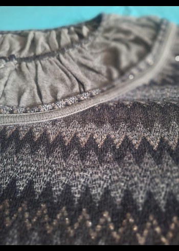 Gri Örgü Detaylı Kısa Kollu Kadın Bluz - Görsel 2