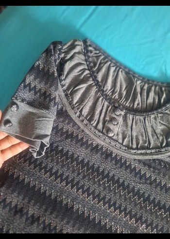 Gri Örgü Detaylı Kısa Kollu Kadın Bluz - Görsel 5