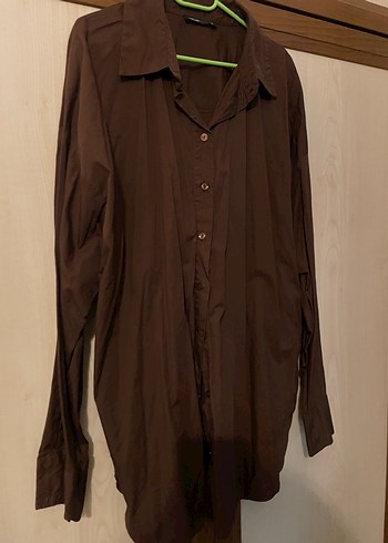 Kahverengi oversize Kadın Gömlek - Görsel 2