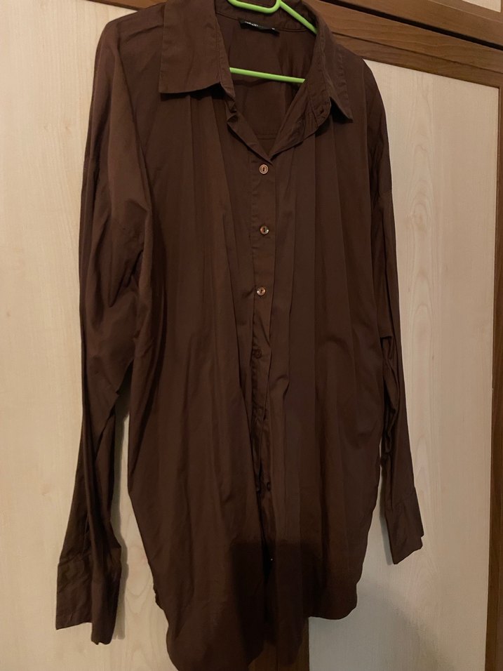 Kahverengi oversize Kadın Gömlek - Görsel 2