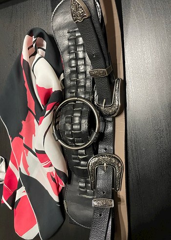 Siyah Deri Bohem Kadın 2 adet Kemer ve şal - Görsel 2