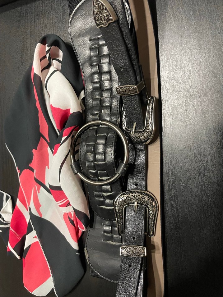 Siyah Deri Bohem Kadın 2 adet Kemer ve şal - Görsel 2