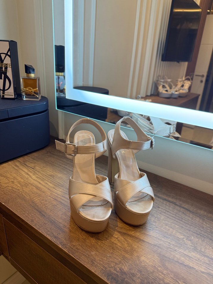 Bej Platform Topuklu Kadın Abiye Ayakkabı - Görsel 2