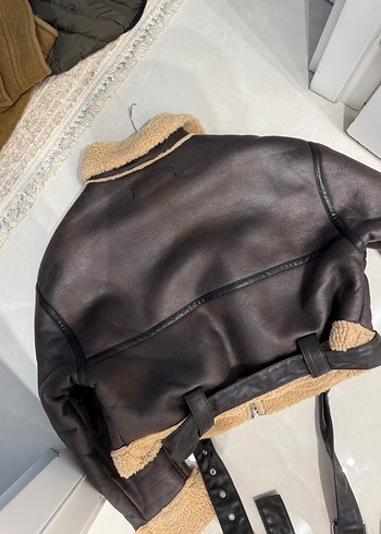 Zara Kahverengi Deri Kemerli Mini Biker Ceket - Görsel 3