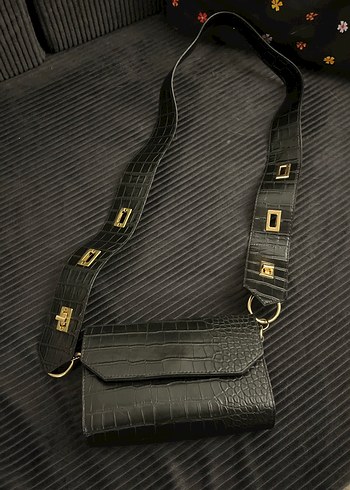 Siyah Deri Yılan Desenli Tokalı Kadın Çanta - Görsel 2
