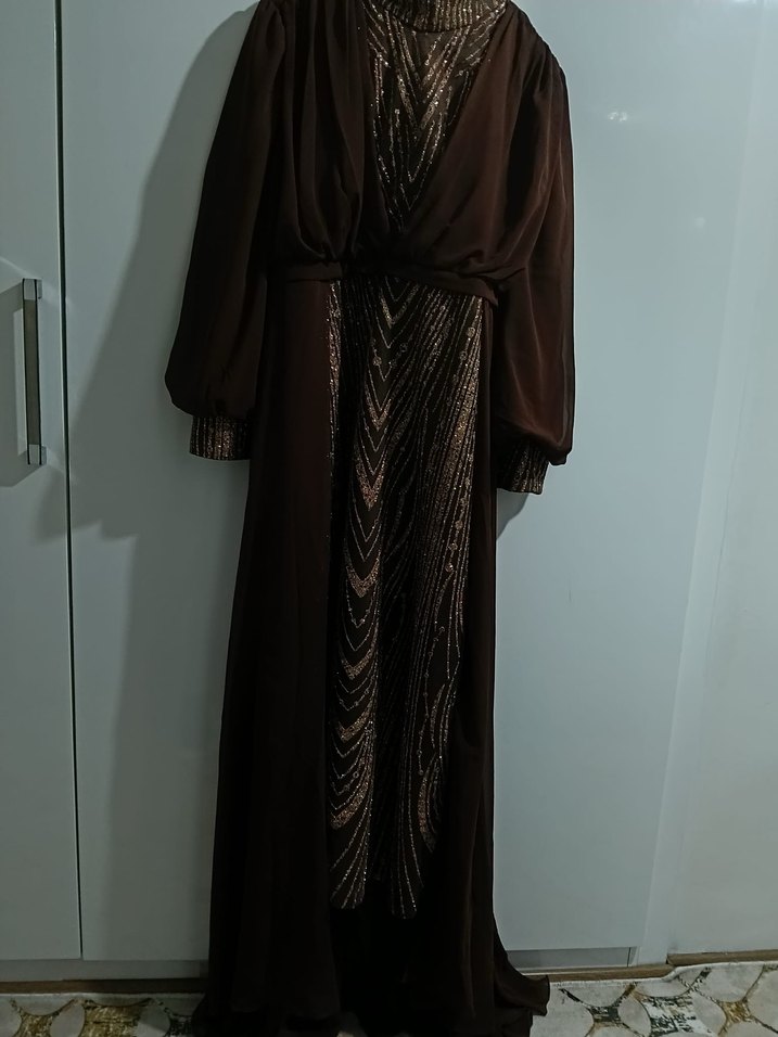 Kahverengi Drapeli Uzun Abiye Elbise - Görsel 4