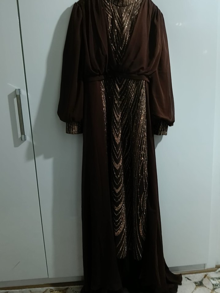 Kahverengi Drapeli Uzun Abiye Elbise - Görsel 3