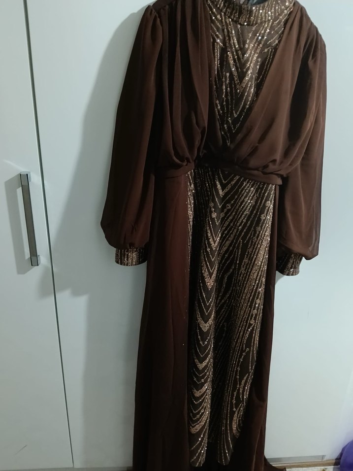 Kahverengi Drapeli Uzun Abiye Elbise - Görsel 2