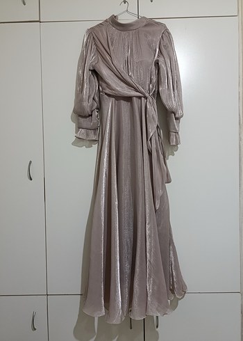 Yüksek Yakalı pudra Uzun Kollu Drapeli Sade Abiye - Görsel 6