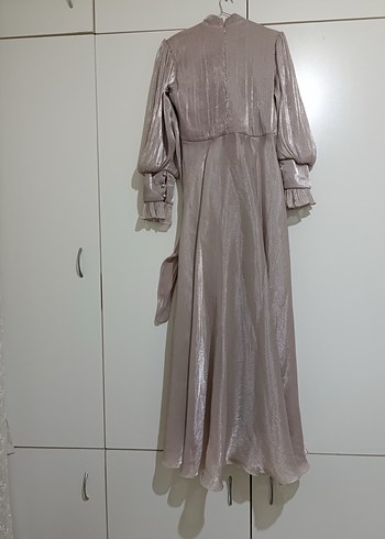 Yüksek Yakalı pudra Uzun Kollu Drapeli Sade Abiye - Görsel 9