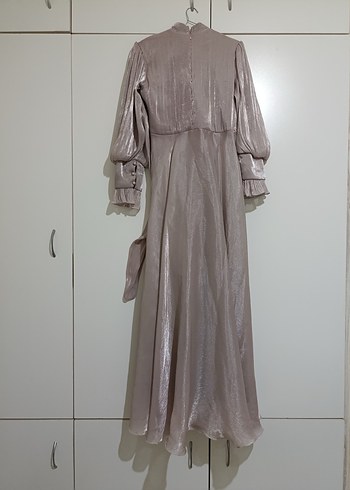 Yüksek Yakalı pudra Uzun Kollu Drapeli Sade Abiye - Görsel 8