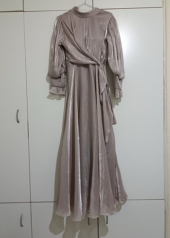 Yüksek Yakalı pudra Uzun Kollu Drapeli Sade Abiye - Görsel 5