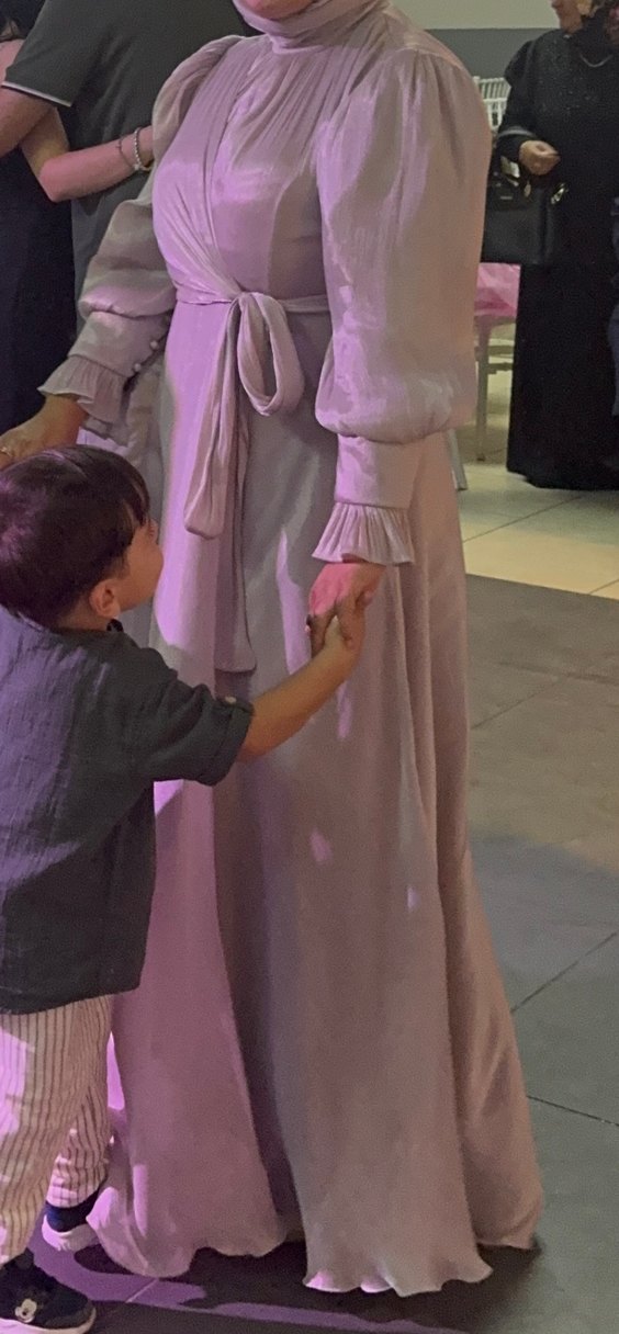 Yüksek Yakalı pudra Uzun Kollu Drapeli Sade Abiye - Görsel 3