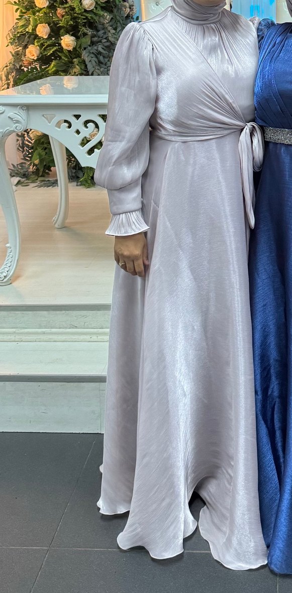 Yüksek Yakalı pudra Uzun Kollu Drapeli Sade Abiye - Görsel 2