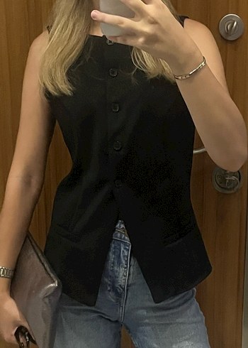 Düğmeli Siyah Denim Kadın Yelek