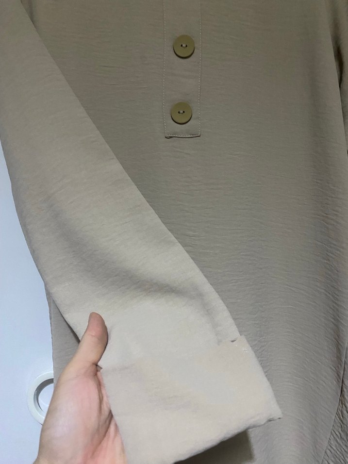 Bej Uzun Kollu Keten Tunik - Görsel 2