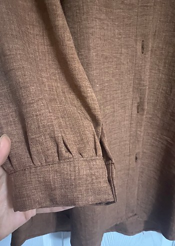 Kahverengi Uzun Kollu Keten Kadın Gömlek - Görsel 2