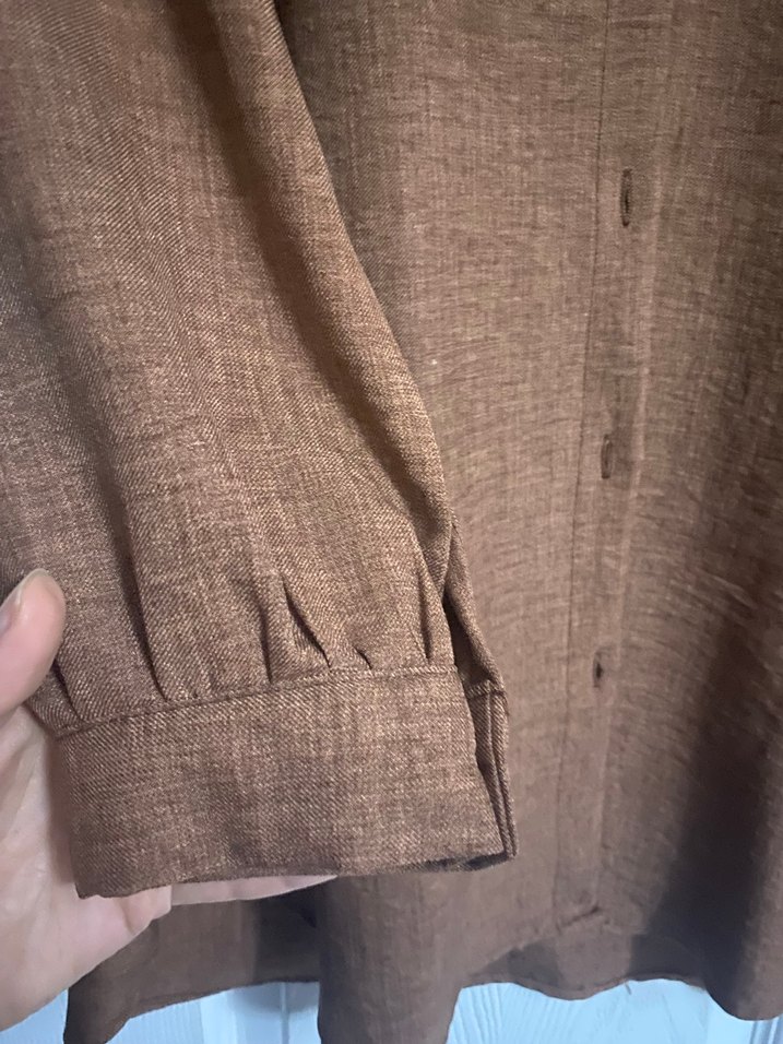 Kahverengi Uzun Kollu Keten Kadın Gömlek - Görsel 2