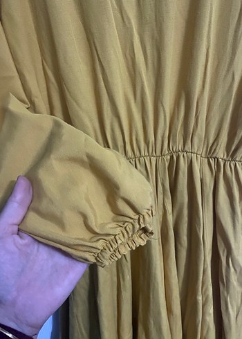 Hardal sarısı Kadın Uzun Keten Elbise - Görsel 2