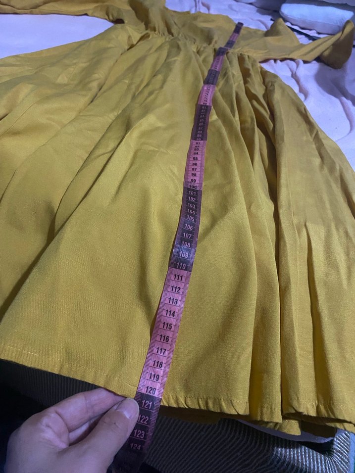 Hardal sarısı Kadın Uzun Keten Elbise - Görsel 4