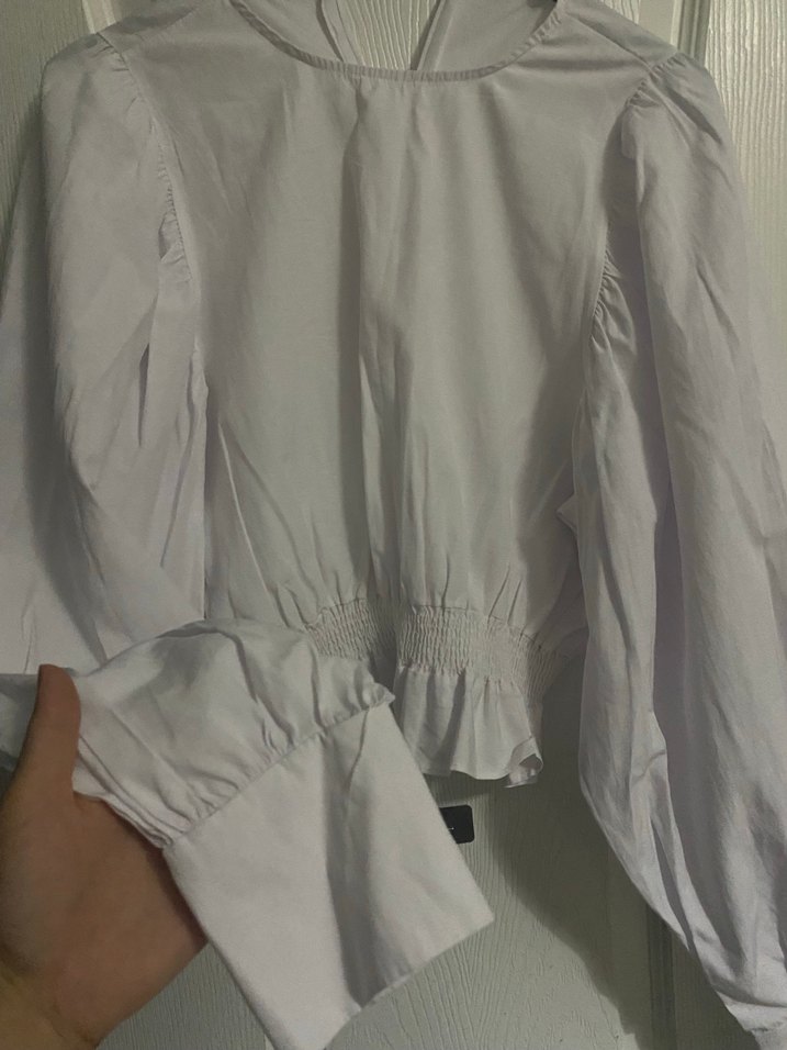 Kadın Beyaz Keten Uzun Kollu Fırfırlı Bluz - Görsel 2