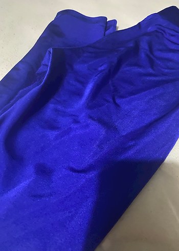 Düz Mavi Saten Kadın Tayt - Görsel 2