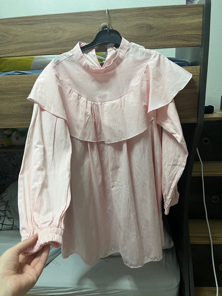 Kız Çocuk Pembe Keten Fırfırlı Bluz - Görsel 3