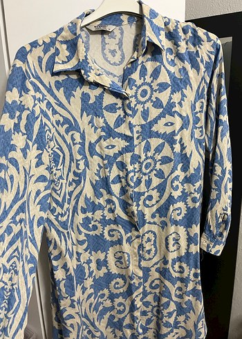 Mavi Bohem Desenli Uzun Kollu Keten Gömlek - Görsel 2