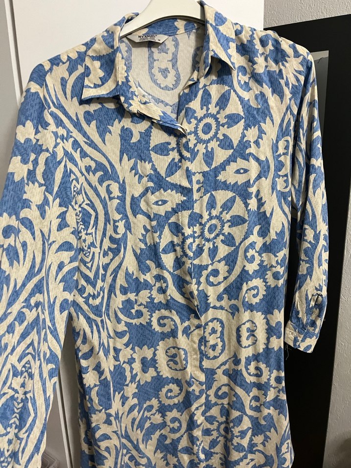 Mavi Bohem Desenli Uzun Kollu Keten Gömlek - Görsel 2