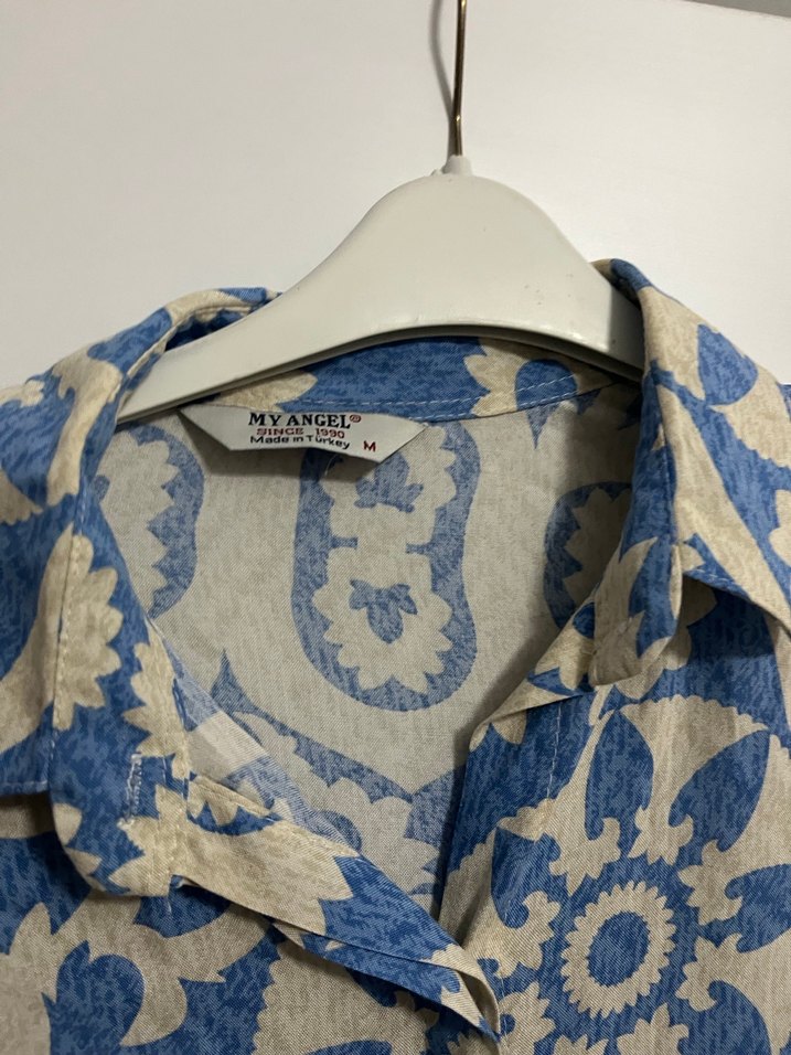 Mavi Bohem Desenli Uzun Kollu Keten Gömlek - Görsel 4