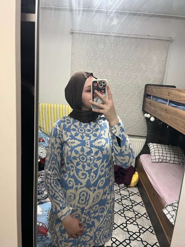 Mavi Bohem Desenli Uzun Kollu Keten Gömlek - Görsel 5