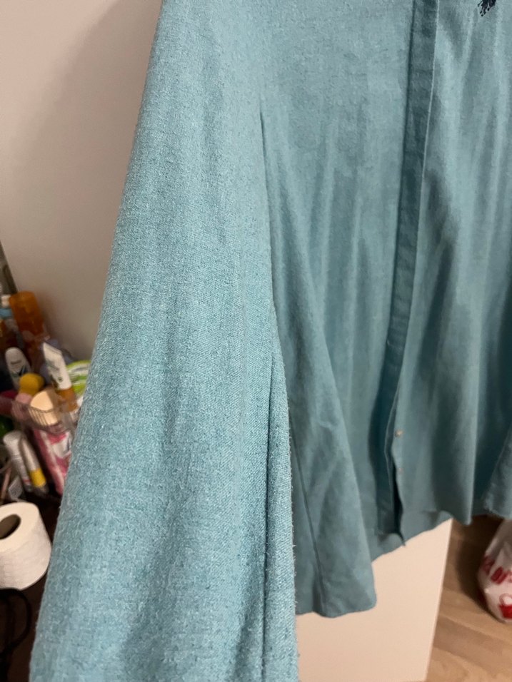 Mavi Uzun Kollu Keten Gömlek - Görsel 4