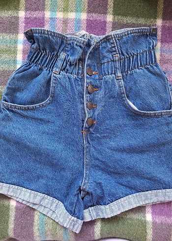 Düğmeli Mavi Yüksek Bel Mini Denim Şort