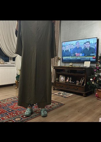 Yeşil  Keten Uzun Elbise - Görsel 2