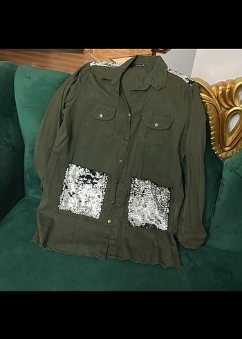 Kadın Haki Kamuflaj Düğmeli Uzun Ceket - Görsel 4