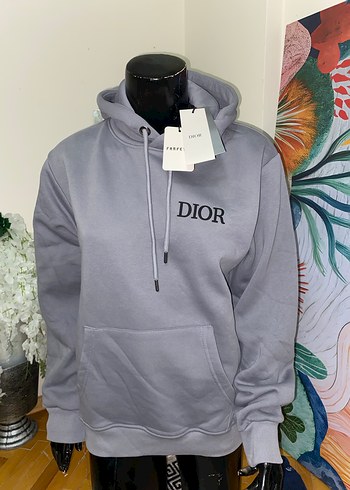 s Beden gri Renk Gri Kapüşonlu Dior Baskılı Sweatshirt