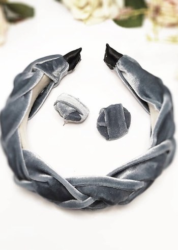 Gri Kadife Saç Bandı ve Küpe Seti - Görsel 2