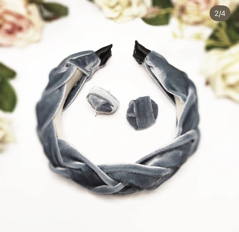 Gri Kadife Saç Bandı ve Küpe Seti - Görsel 2