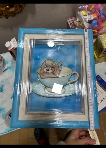 Pastel Mavi Çerçeveli Sevimli Köpekli Tablo - Görsel 2