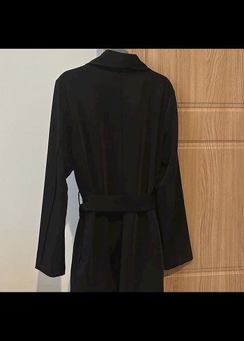s Beden Kemerli Siyah Kadın Uzun Blazer Ceket