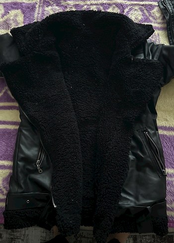 Siyah Kadın Deri Kürklü Biker Ceket - Görsel 2