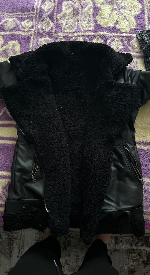 Siyah Kadın Deri Kürklü Biker Ceket - Görsel 2