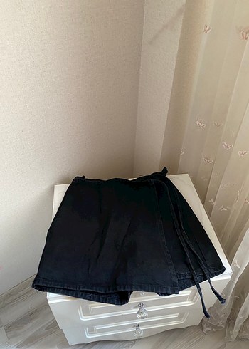 Kadın Siyah Kot Kemerli şort Mini Etek