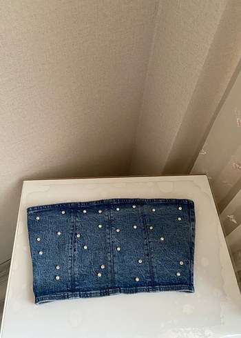 Boncuk İşlemeli Mavi Denim Kadın kot crop